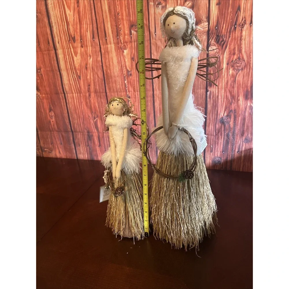 2 Silver Tree Holiday FABRIC ANGELS WITH WREATH Natural Bamboo Hand‎ Made